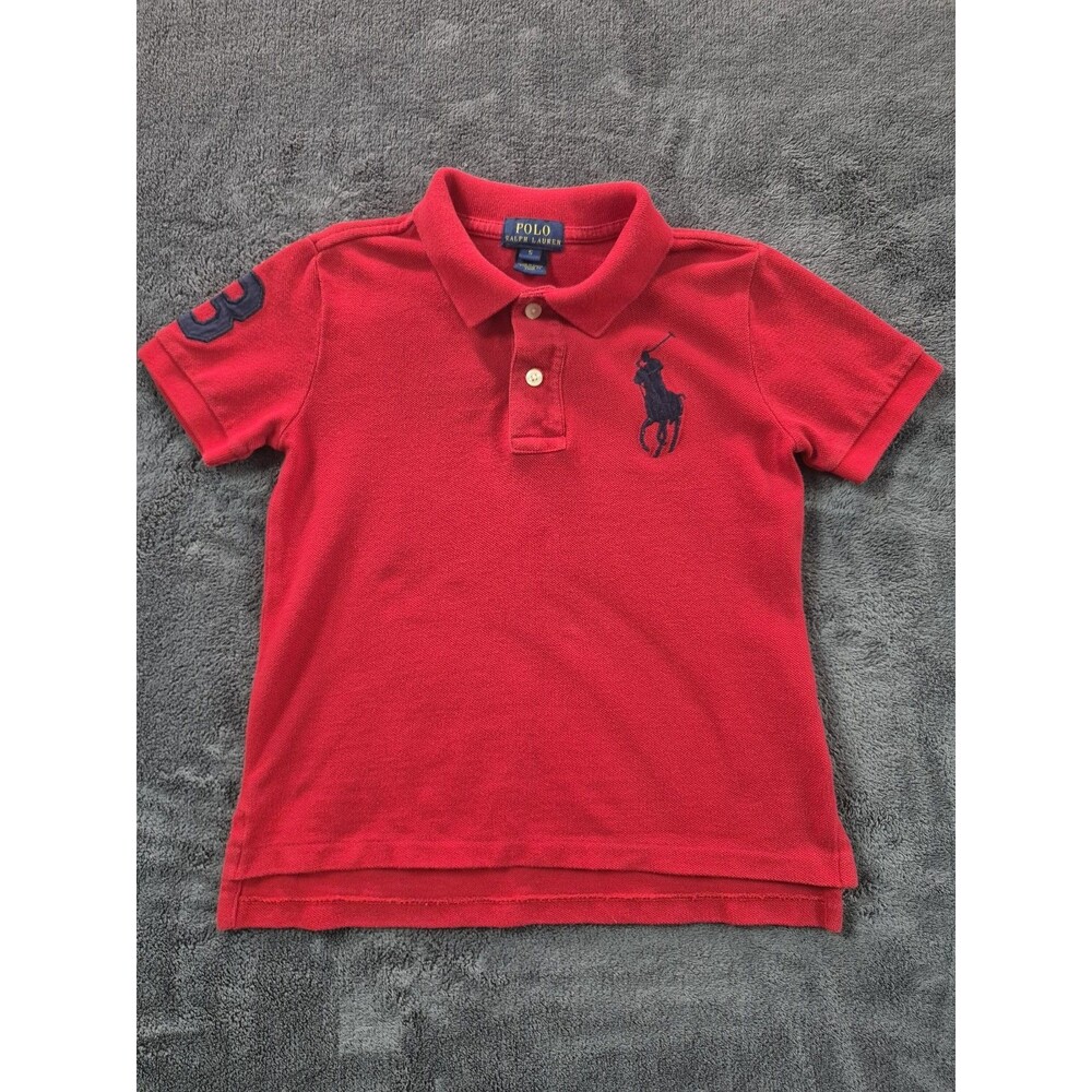 BOYS RED POLO SHIRT WITH EMBLEM SIZE 5/#3 RT SLEEVE